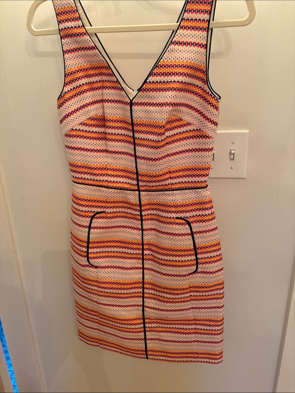 Trina Turk Sleeveless V-Neck Striped Mini Dress in Cream, Orange & Pink